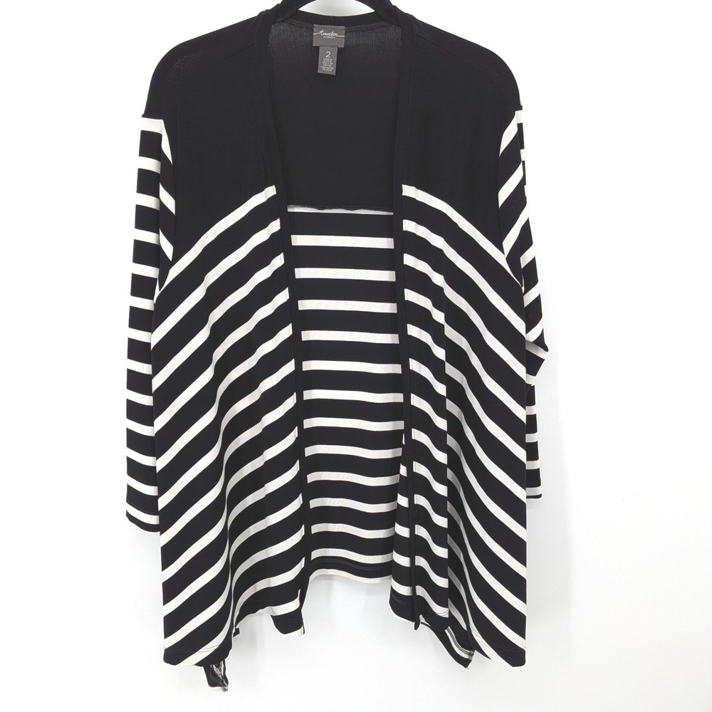 Chicos Travelers Cardigan Womens Large Black White‎ Striped Open Front Oversize